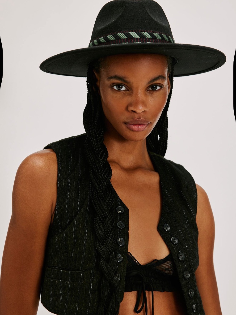 Free People Black Wide-Brim Fedora with Green Accent Band